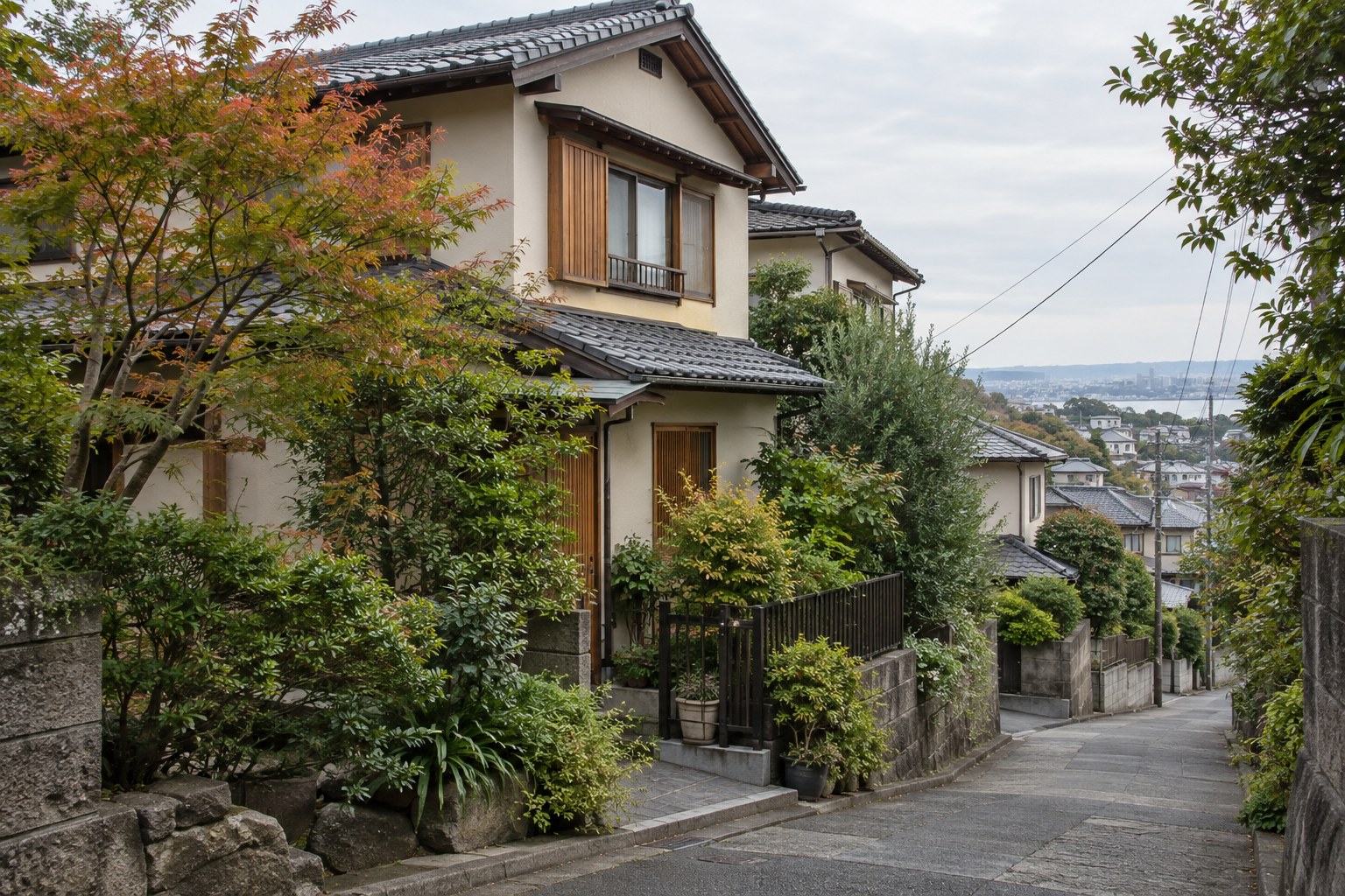 植栽に囲まれた日本の戸建て住宅のイメージ